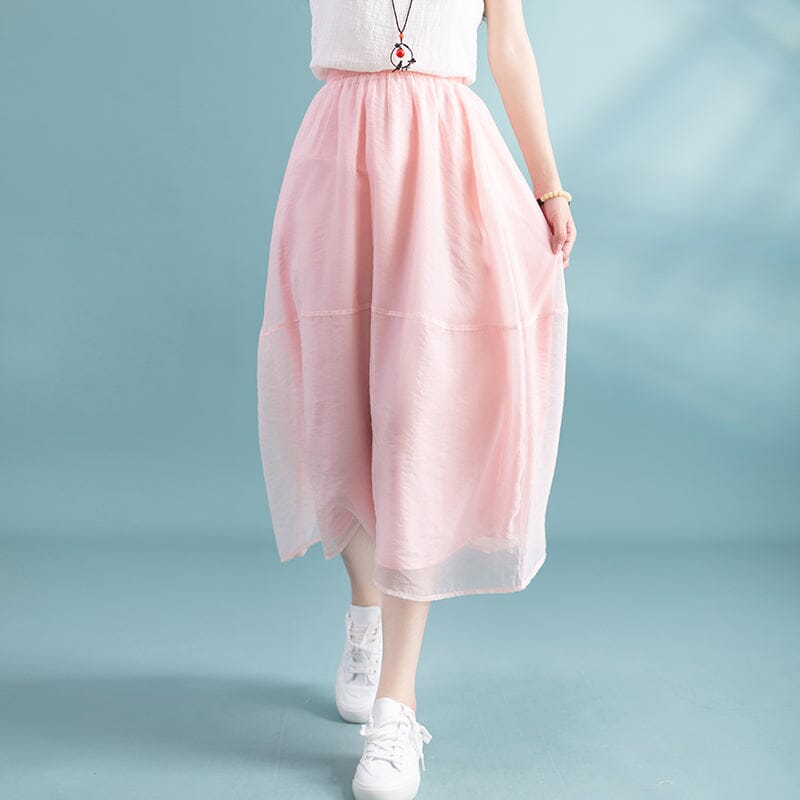 Summer Loose Mesh Casual A-Line Skirt May 2023 New Arrival One Size Pink 
