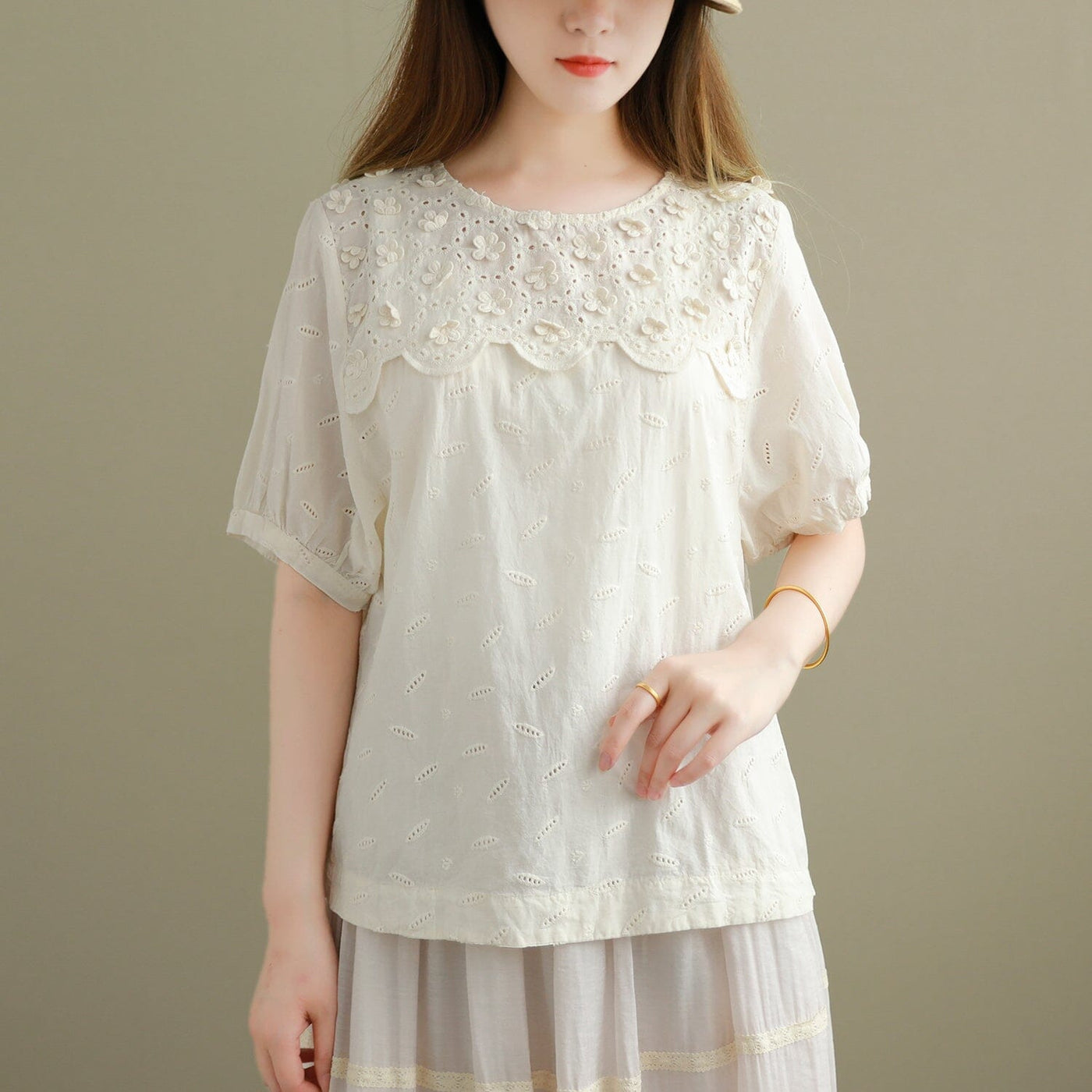 Summer Loose Minimalist Embroidery Casual T-Shirt Jun 2023 New Arrival One Size Beige 