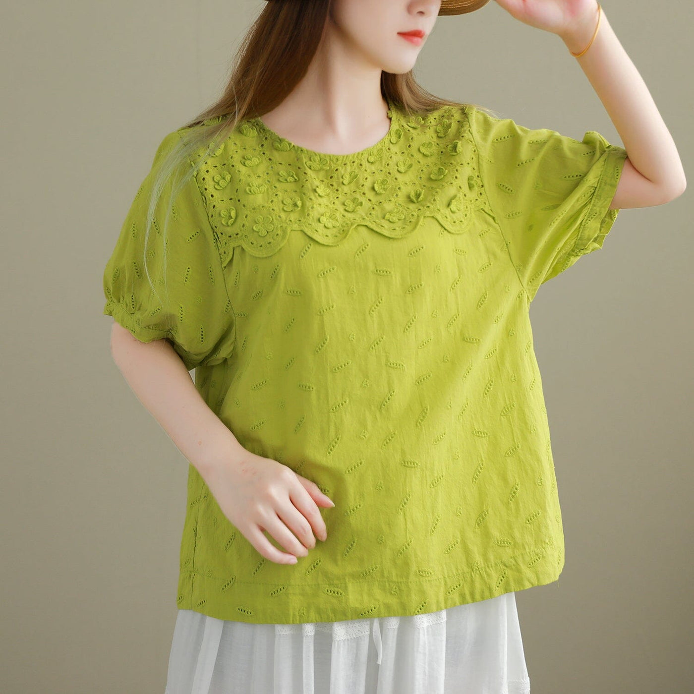 Summer Loose Minimalist Embroidery Casual T-Shirt Jun 2023 New Arrival One Size Green 