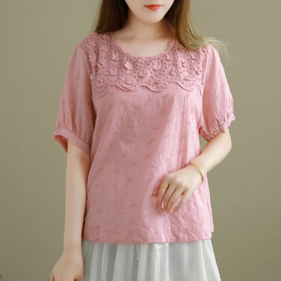 Summer Loose Minimalist Embroidery Casual T-Shirt Jun 2023 New Arrival One Size Pink 