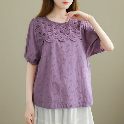 Summer Loose Minimalist Embroidery Casual T-Shirt Jun 2023 New Arrival One Size Purple 