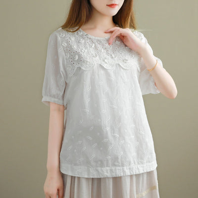 Summer Loose Minimalist Embroidery Casual T-Shirt Jun 2023 New Arrival One Size White 