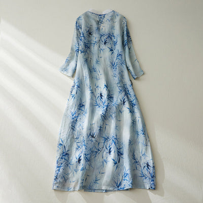 Summer Loose Retro Bamboo Printed Linen Dress