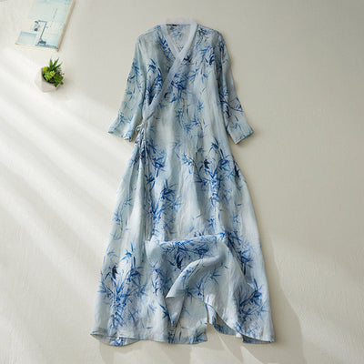 Summer Loose Retro Bamboo Printed Linen Dress