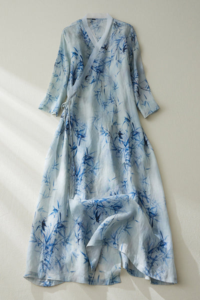 Summer Loose Retro Bamboo Printed Linen Dress May 2022 New Arrival 