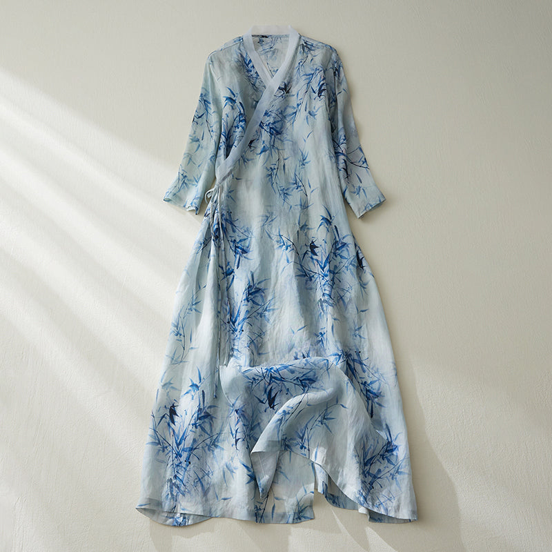 Summer Loose Retro Bamboo Printed Linen Dress May 2022 New Arrival 