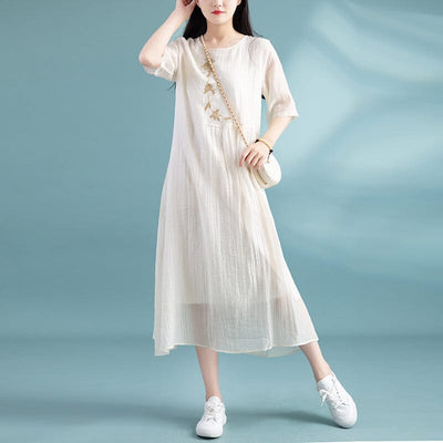 Summer Loose Retro Embroidery Dress May 2023 New Arrival One Size Beige 