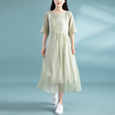 Summer Loose Retro Embroidery Dress May 2023 New Arrival One Size Green 