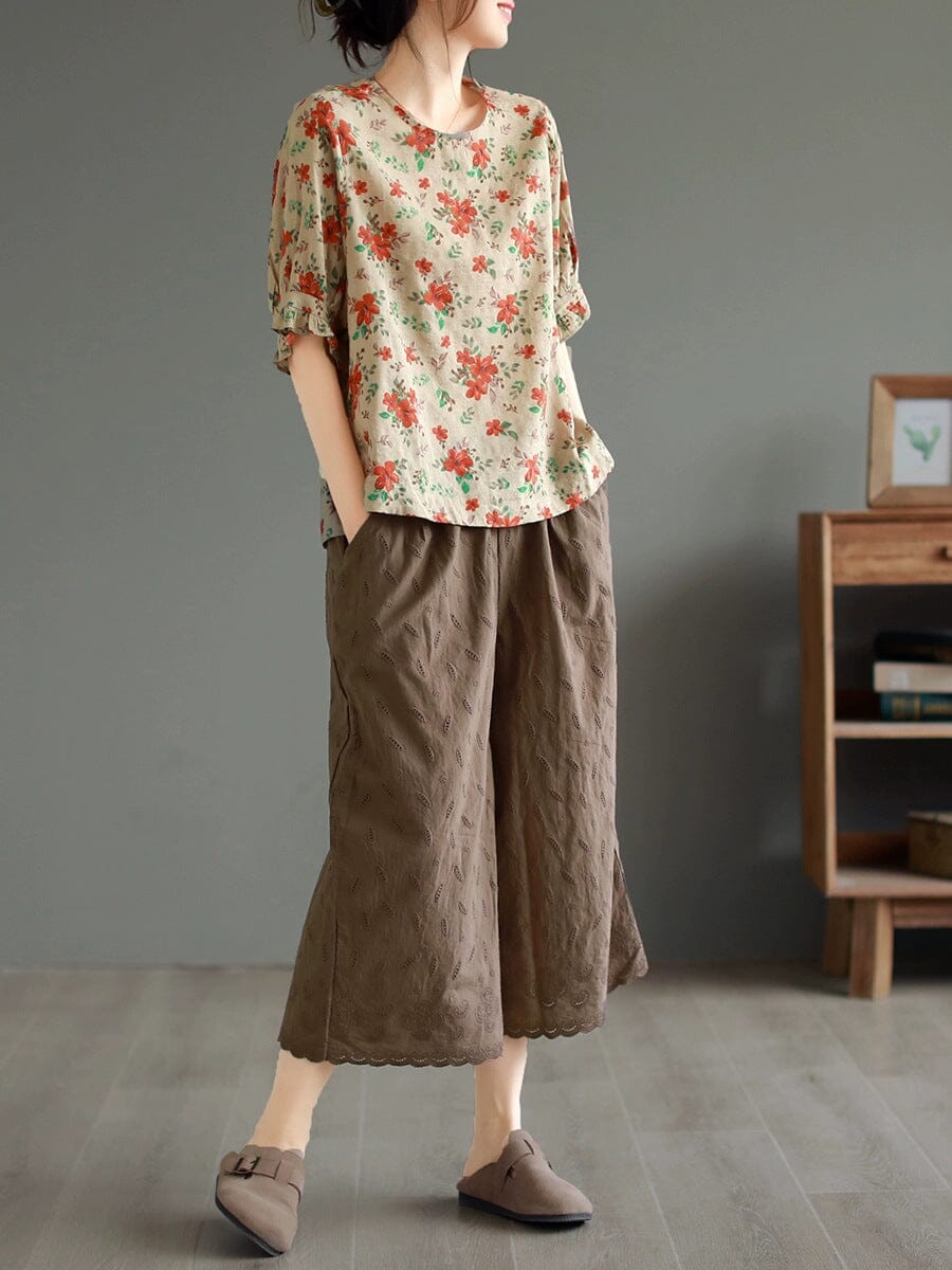 Summer Loose Retro Embroidery Trim Wide Leg Pants May 2023 New Arrival 