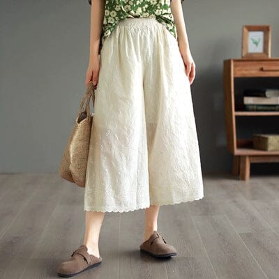 Summer Loose Retro Embroidery Trim Wide Leg Pants May 2023 New Arrival Beige One Size 
