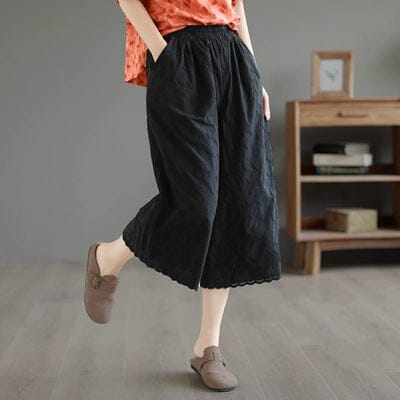 Summer Loose Retro Embroidery Trim Wide Leg Pants May 2023 New Arrival Black One Size 