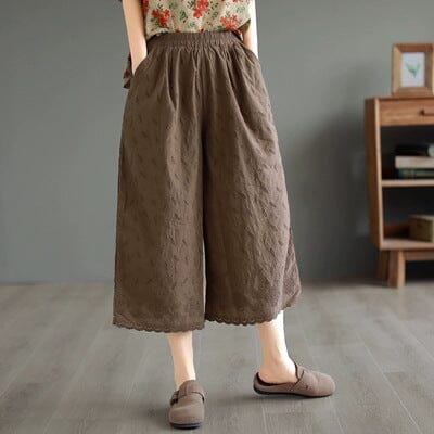 Summer Loose Retro Embroidery Trim Wide Leg Pants May 2023 New Arrival Coffee One Size 