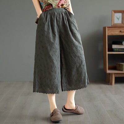 Summer Loose Retro Embroidery Trim Wide Leg Pants May 2023 New Arrival Gray One Size 
