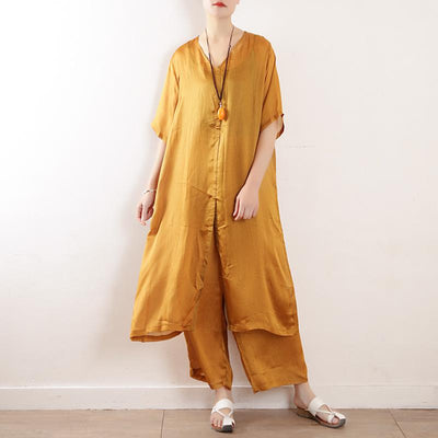 Summer Loose Silk Comfortable Two-piece Suit April 2021 New-Arrival One Size Yellow 