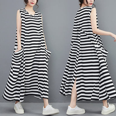 Summer Loose Stripe A-Line Sleeveless Dress Jun 2023 New Arrival 