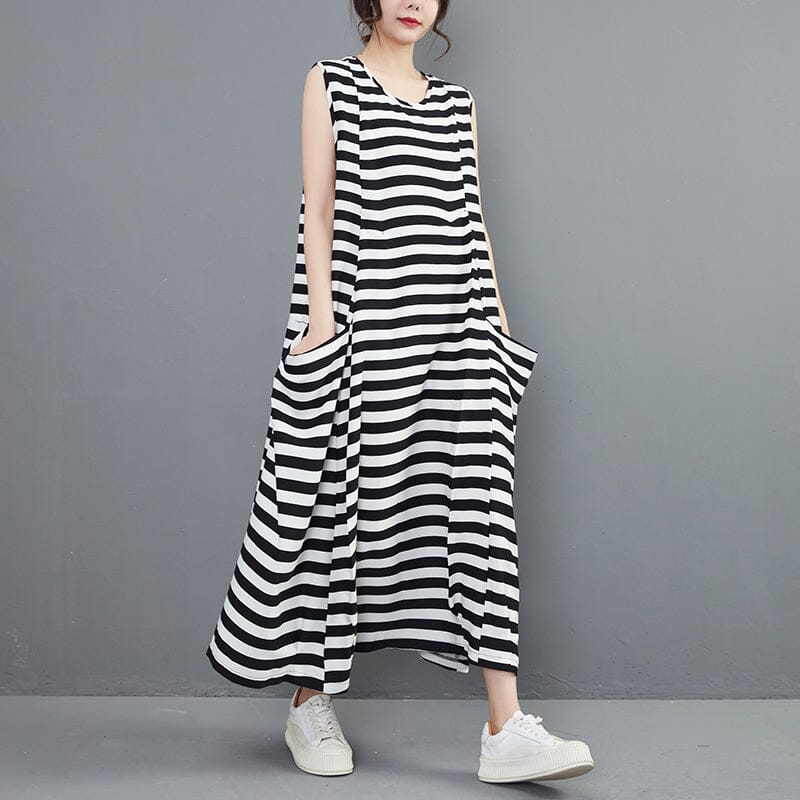 Summer Loose Stripe A-Line Sleeveless Dress Jun 2023 New Arrival 