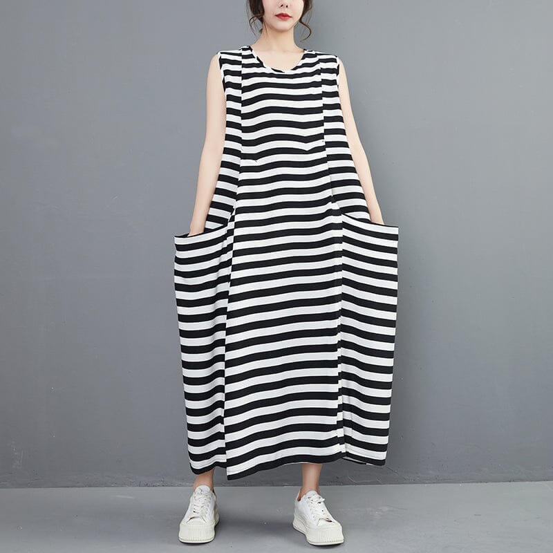 Summer Loose Stripe A-Line Sleeveless Dress Jun 2023 New Arrival L Black 