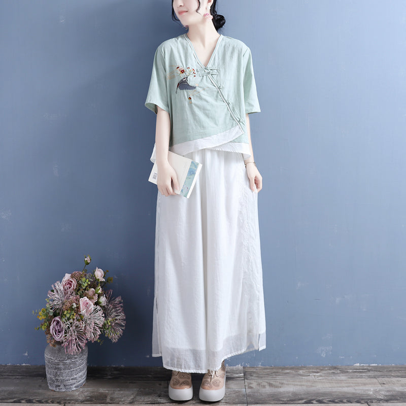 Summer Loose Vintage Embroidery Cotton Linen Blouse May 2022 New Arrival 