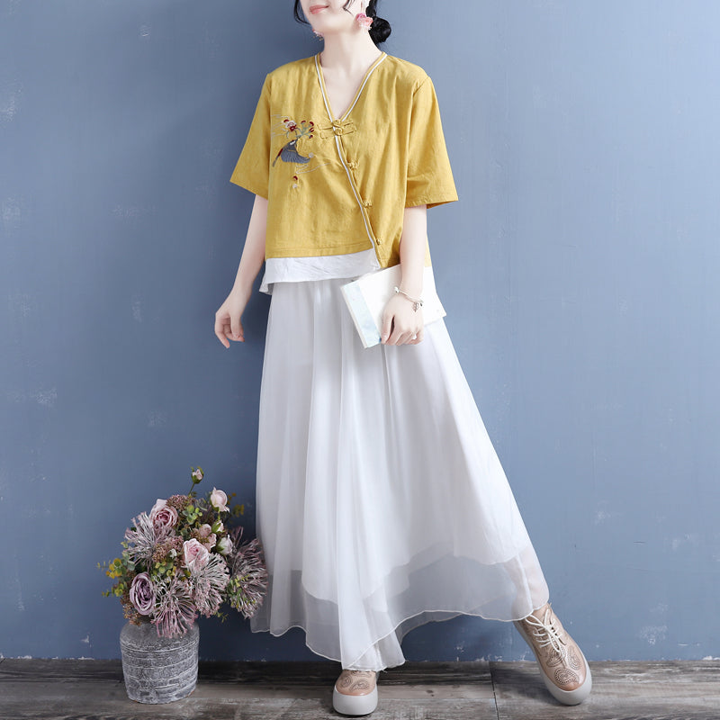 Summer Loose Vintage Embroidery Cotton Linen Blouse May 2022 New Arrival 