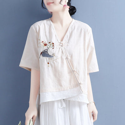 Summer Loose Vintage Embroidery Cotton Linen Blouse May 2022 New Arrival One Size Apricot 