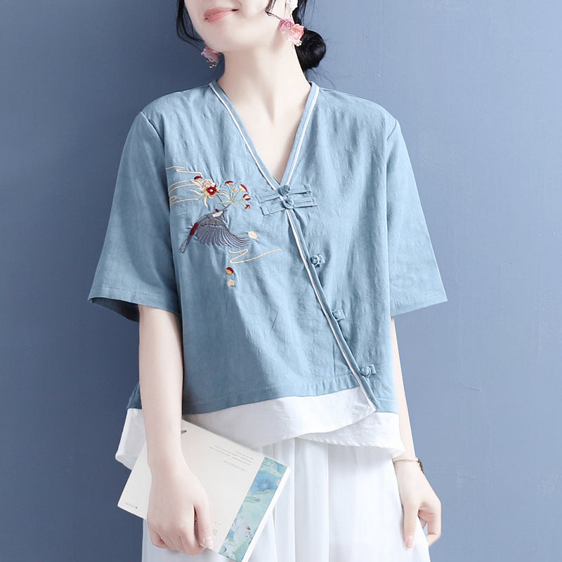 Summer Loose Vintage Embroidery Cotton Linen Blouse May 2022 New Arrival One Size Blue 