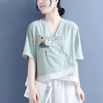 Summer Loose Vintage Embroidery Cotton Linen Blouse May 2022 New Arrival One Size Green 