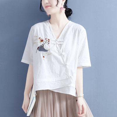 Summer Loose Vintage Embroidery Cotton Linen Blouse May 2022 New Arrival One Size White 