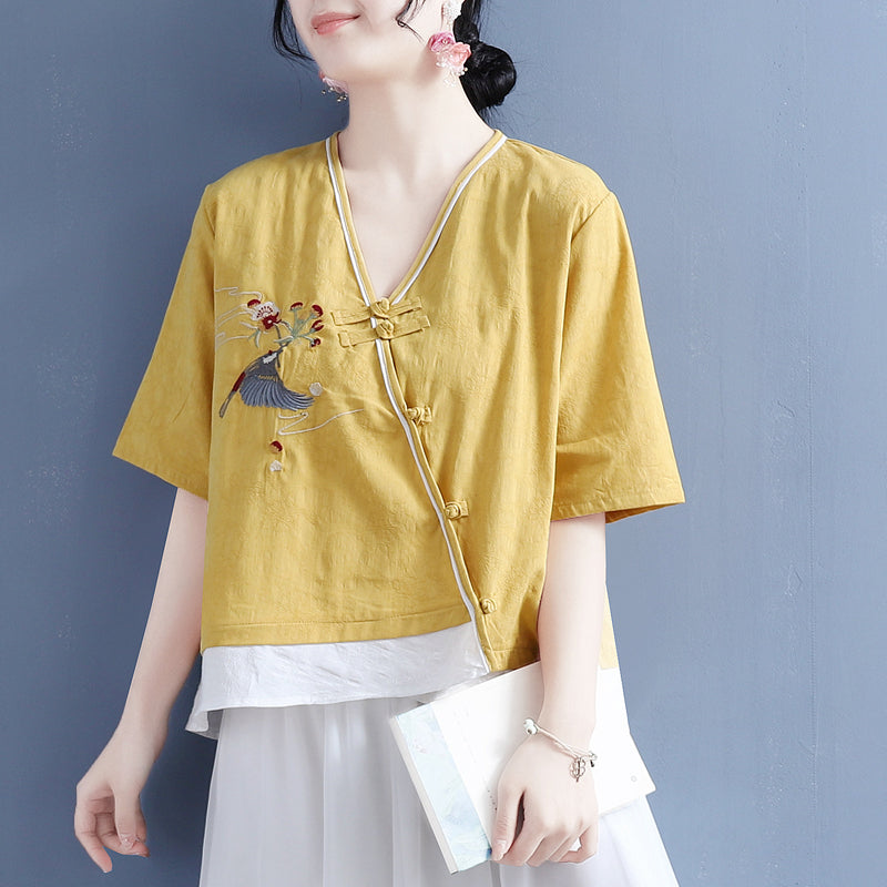 Summer Loose Vintage Embroidery Cotton Linen Blouse May 2022 New Arrival One Size Yellow 