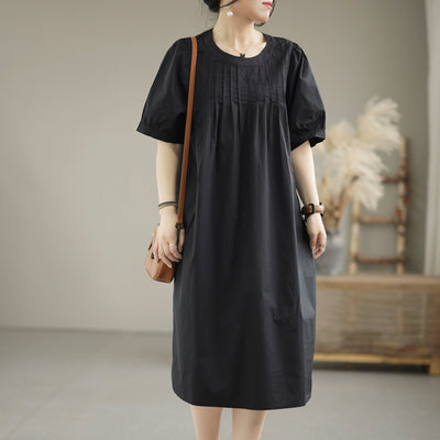 Summer Loose Vintage Puff Sleeve Cotton Dress Jun 2022 New Arrival One Size Black 
