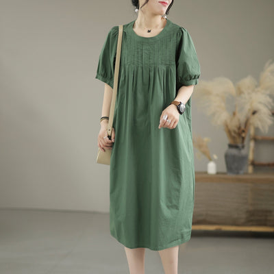 Summer Loose Vintage Puff Sleeve Cotton Dress Jun 2022 New Arrival One Size Green 