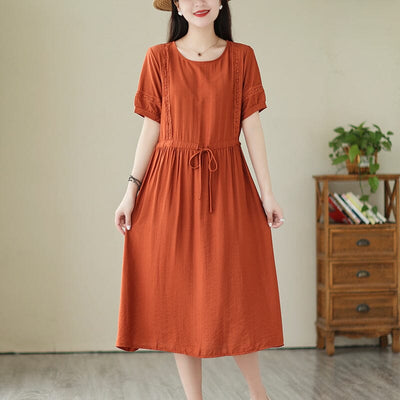 Summer Minimalist Casual Solid Cotton Linen Dress Jun 2023 New Arrival M Orange 