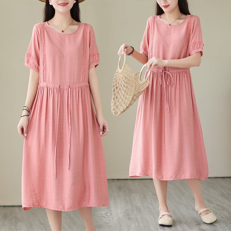Summer Minimalist Casual Solid Cotton Linen Dress Jun 2023 New Arrival M Pink 