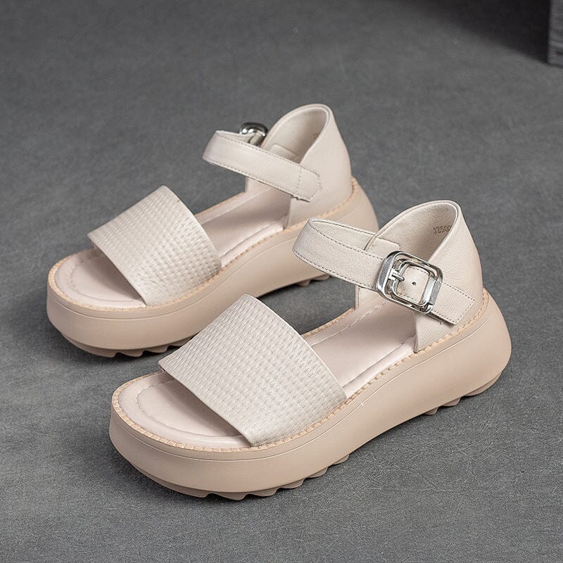 Summer Minimalist Retro Solid Leather Thick Soled Sandals May 2023 New Arrival Beige 35 