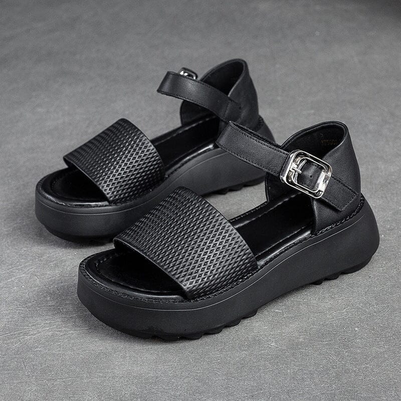 Summer Minimalist Retro Solid Leather Thick Soled Sandals May 2023 New Arrival Black 35 