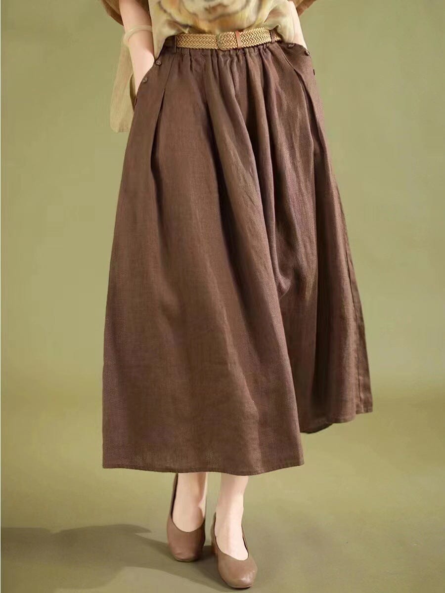 Summer Minimalist Solid Linen A-Line Skirt Jul 2023 New Arrival Coffee One Size 