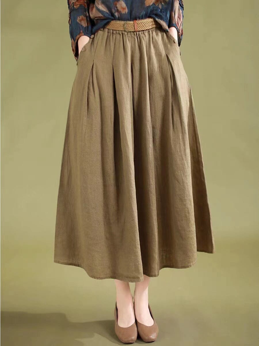 Summer Minimalist Solid Linen A-Line Skirt Jul 2023 New Arrival Khaki One Size 