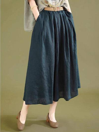 Summer Minimalist Solid Linen A-Line Skirt Jul 2023 New Arrival Navy One Size 