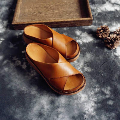 Summer New Retro Leather Women's Slippers 2019 May New 35 Brown 
