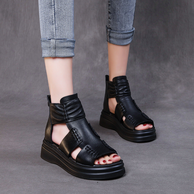 Summer Retro Back Zipper Casual Leather Wedge Sandals