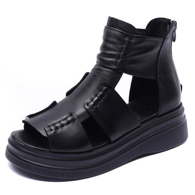 Summer Retro Back Zipper Casual Leather Wedge Sandals Jul 2022 New Arrival Black 35 