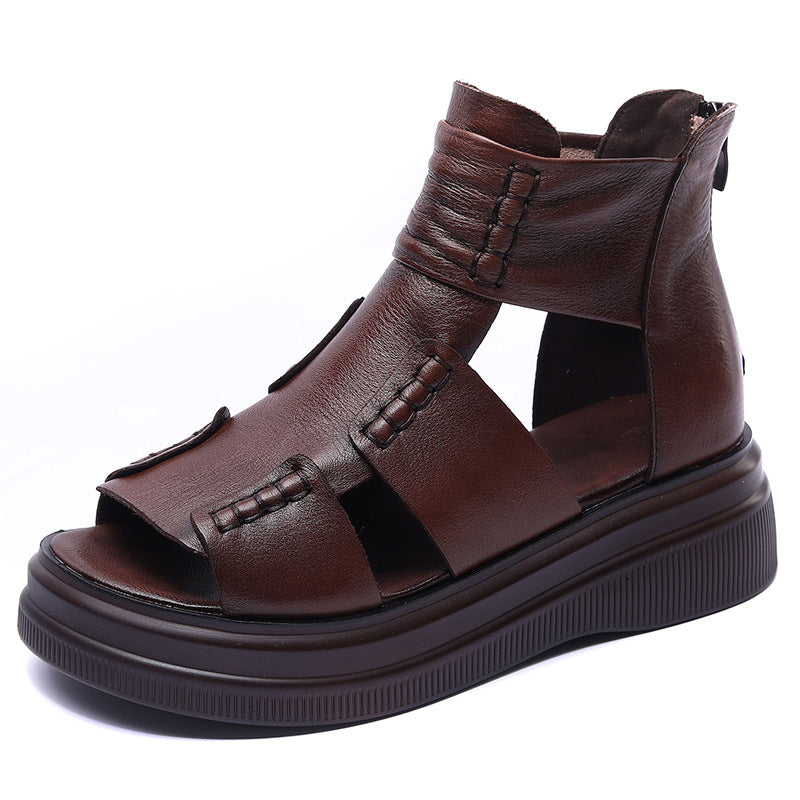 Summer Retro Back Zipper Casual Leather Wedge Sandals Jul 2022 New Arrival Brown 35 