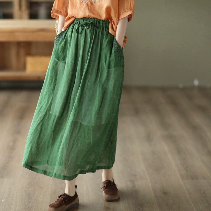 Summer Retro Casual Embroidery Linen A-Line Skirt