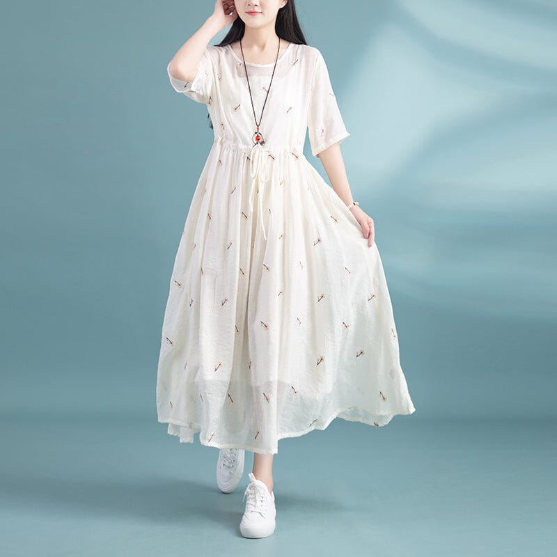 Summer Retro Casual Embroidery Loose Dress May 2023 New Arrival One Size Beige 