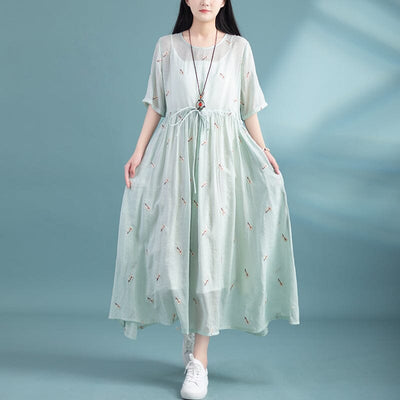 Summer Retro Casual Embroidery Loose Dress May 2023 New Arrival One Size Light Green 