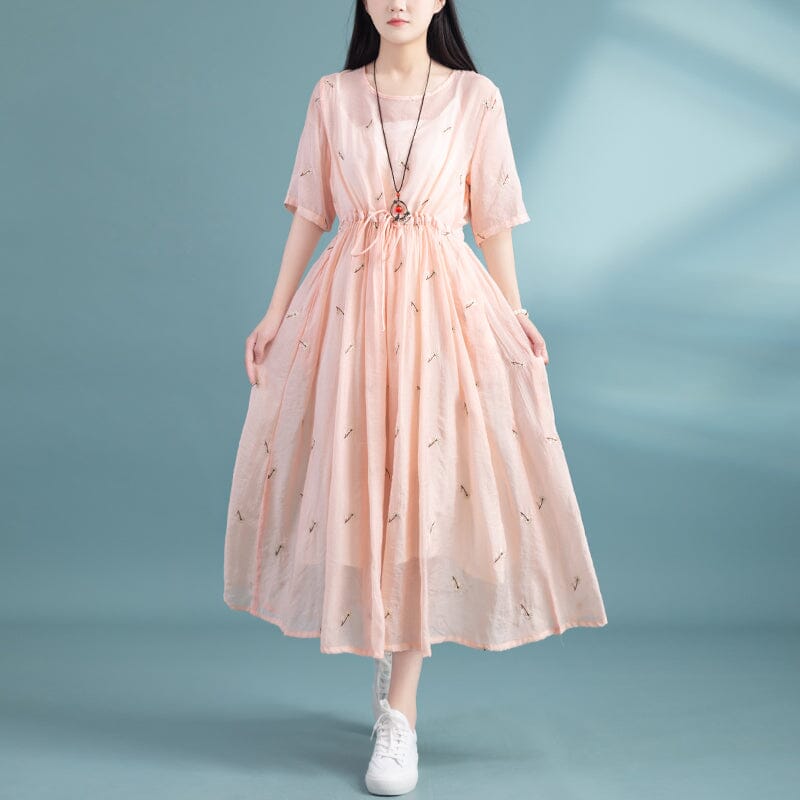 Summer Retro Casual Embroidery Loose Dress May 2023 New Arrival One Size Pink 