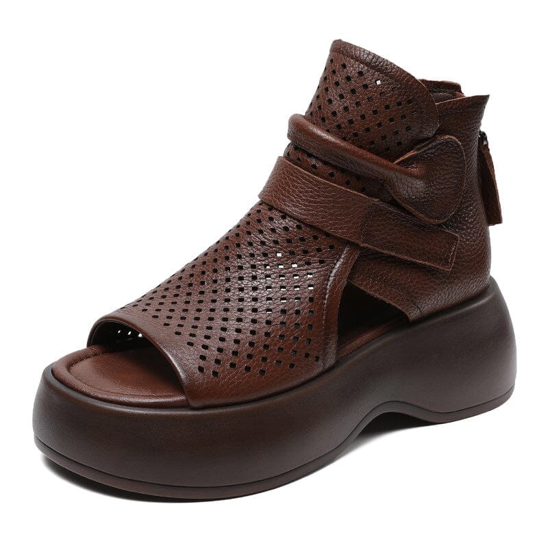 Summer Retro Casual Hollow Leather Platform Sandals Jul 2023 New Arrival Brown 35 