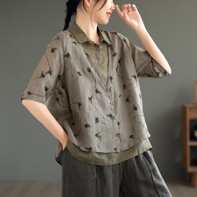 Summer Retro Casual Linen Patchwork Blouse Jun 2023 New Arrival Green One Size 