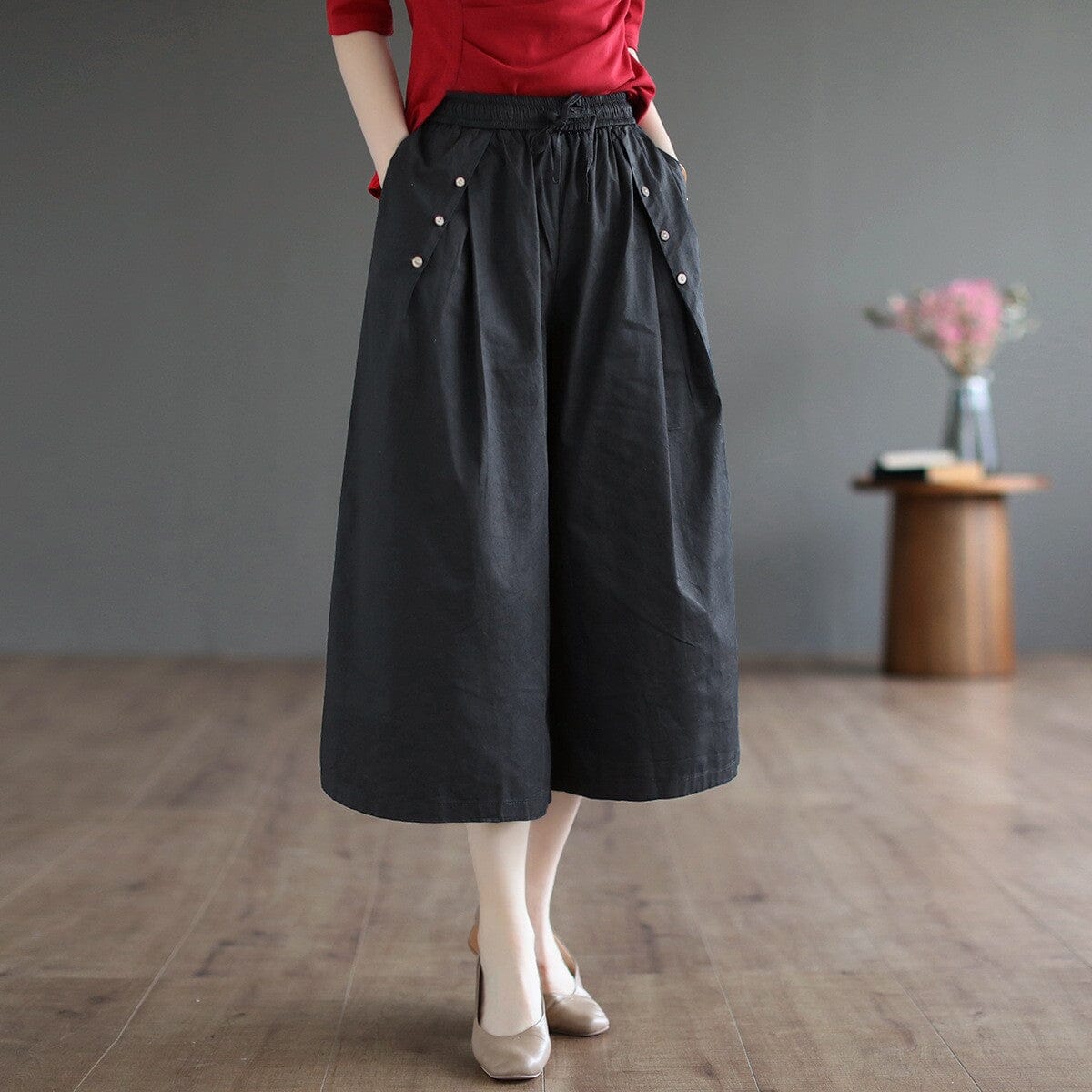 Summer Retro Casual Loose Wide Leg Pants Jul 2023 New Arrival Black One Size 