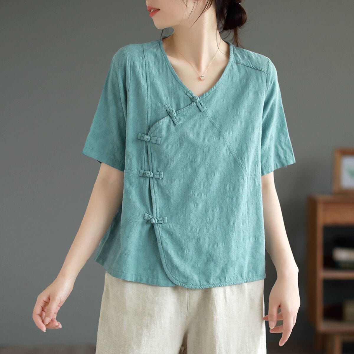 Summer Retro Casual Minimalist Cotton T-Shirt Jun 2023 New Arrival Light Blue One Size 