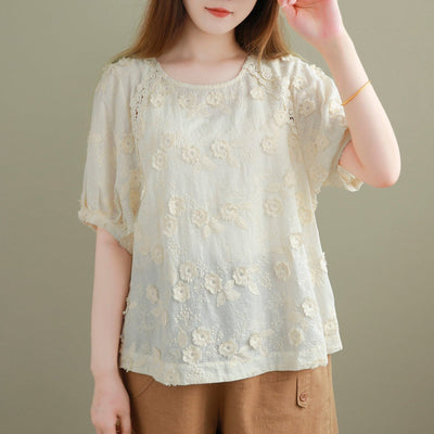 Summer Retro Casual Solid Floral Embroidery T-Shirt
